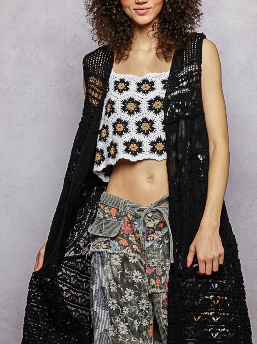 POL Black Crochet Long Vest